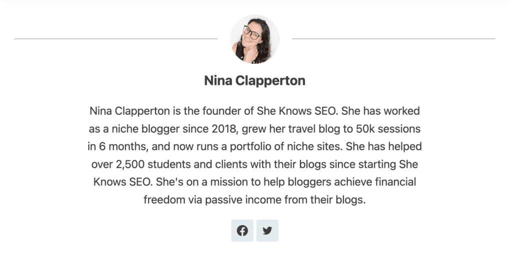 Nina's author bio for She Knows SEO. It has a photo of her, her name, and says
