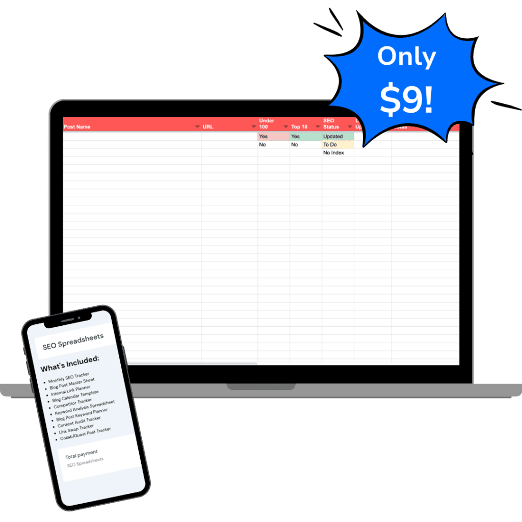 SEO Spreadsheets for Bloggers - mock up on a laptop of the spreadsheets with a button saying 